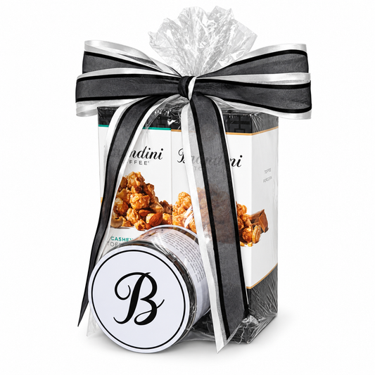 Small Bundle with black and silver bow, angled view