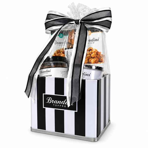Small Toffee Gift Basket in collectible black-and-white Brandini tin, angled view