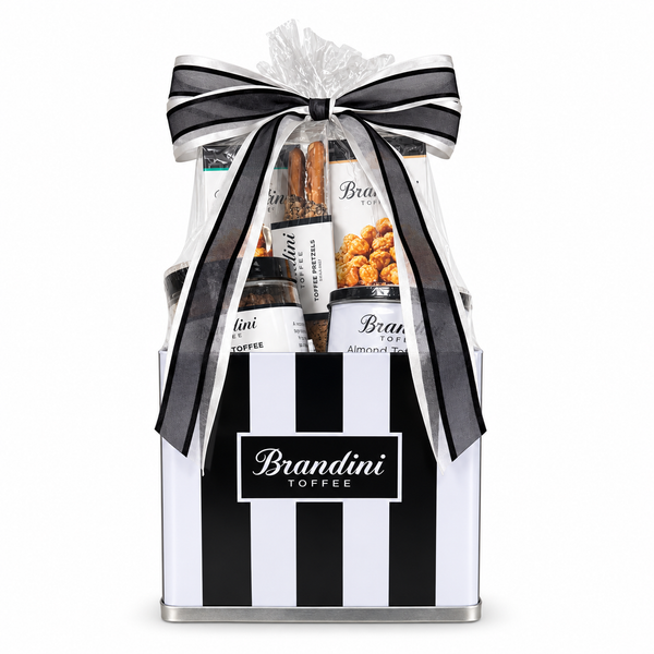 Small Toffee Gift Basket in collectible black-and-white Brandini tin, front view